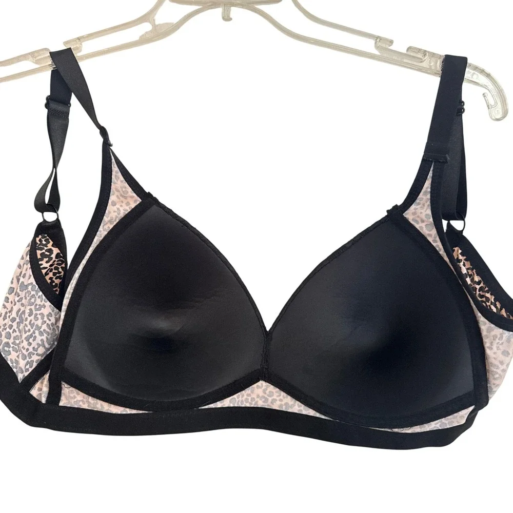 Gloria Vanderbilt Leopard Print Lace Wireless Bra Black‎ Tan 42C Molded Cups